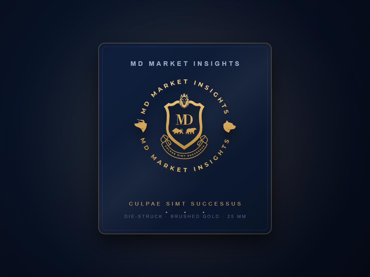 The Crest Lapel Pin — brushed gold MDMI shield on a navy presentation card