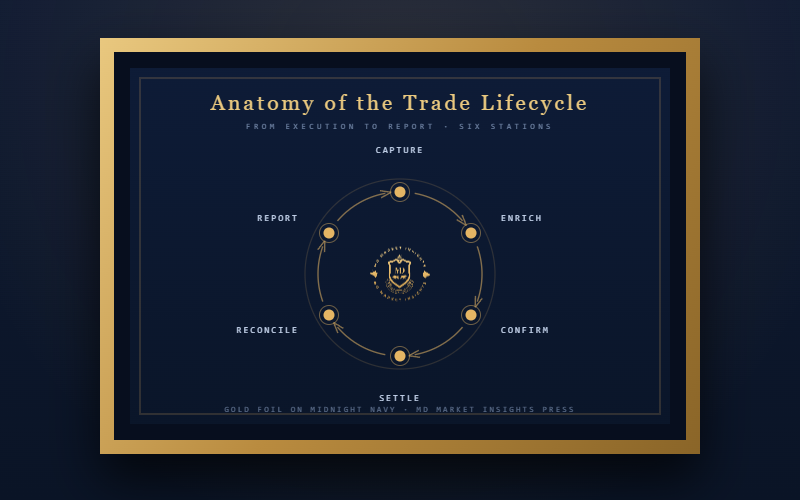 The Trade Lifecycle Print — framed gold-foil lifecycle diagram on midnight navy