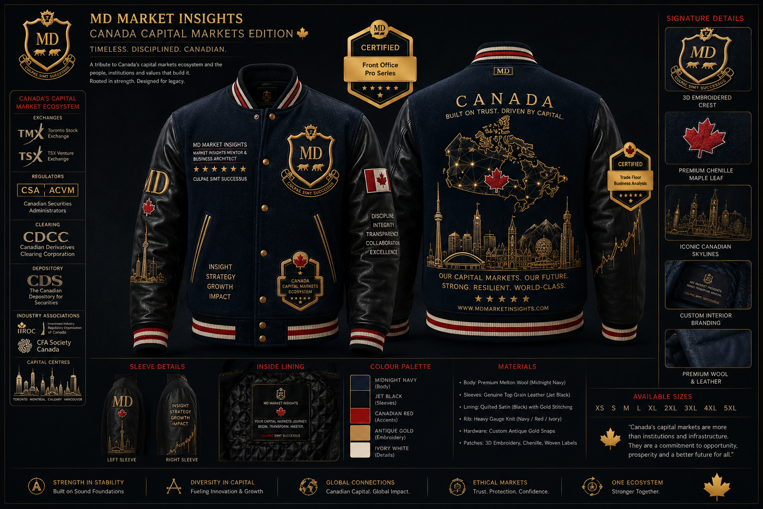Canada Capital Markets Edition — midnight navy varsity jacket with Canadian red accents, maple leaf and Canada map embroidery