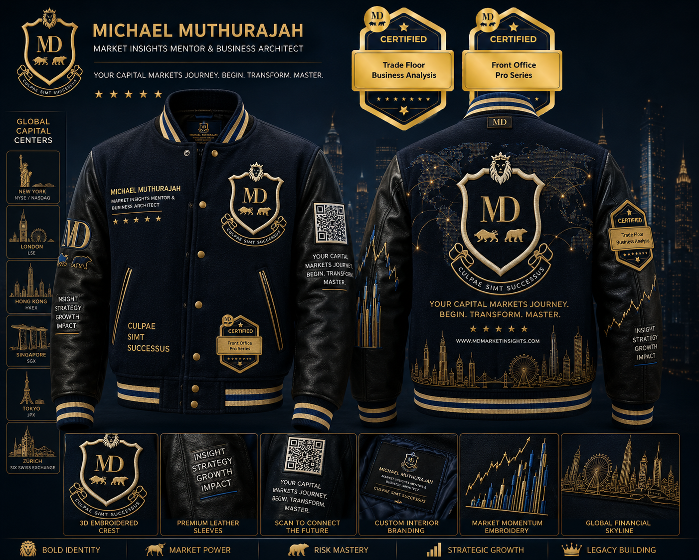 The Global Capitals Edition — navy and gold varsity jacket with world financial centers embroidery