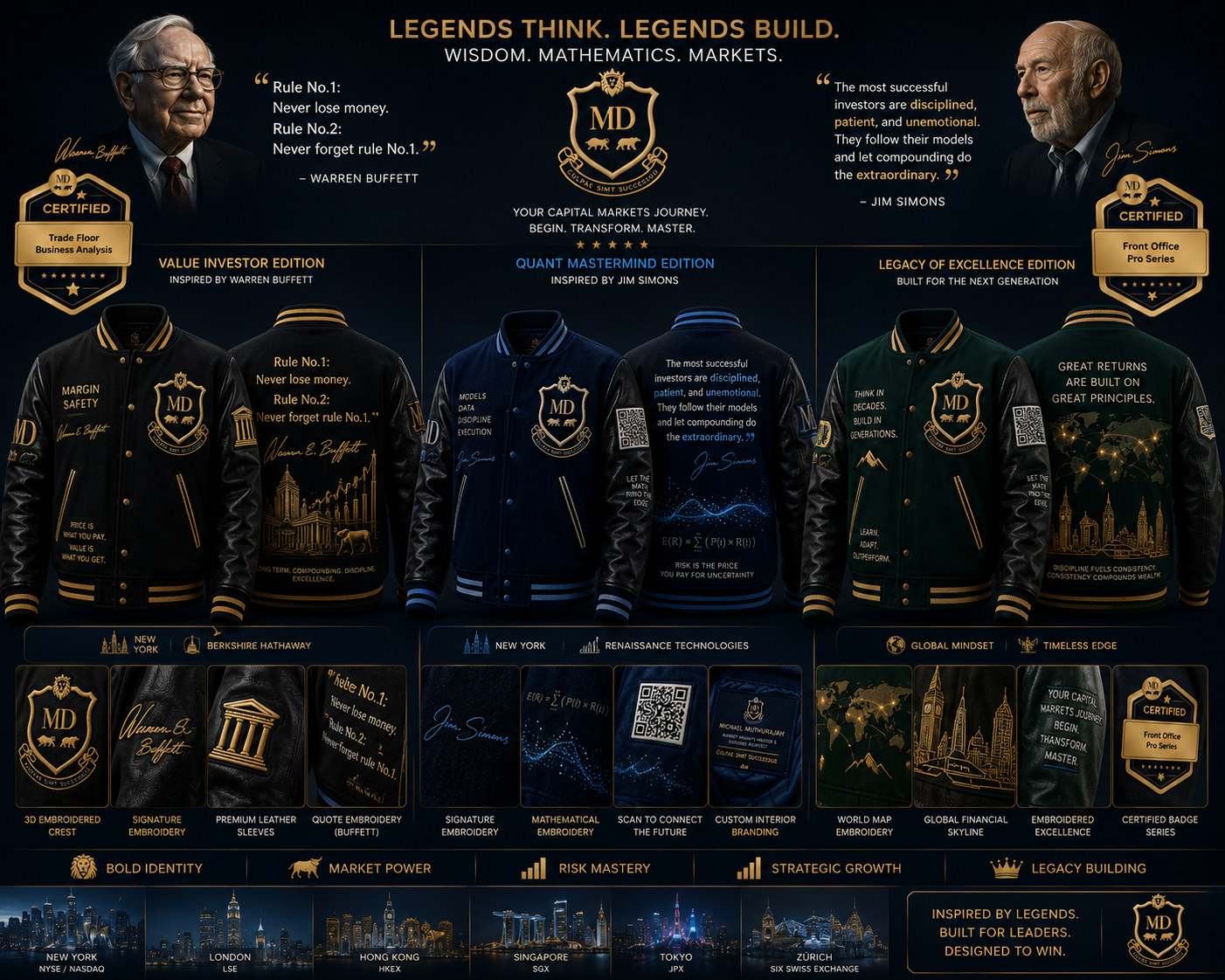 Quant Mastermind Edition — navy and electric blue varsity jacket inspired by Jim Simons, shown with the Legends collection