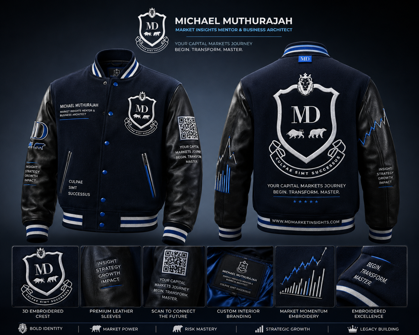 The Signature Edition — navy and silver MDMI varsity jacket, front and back