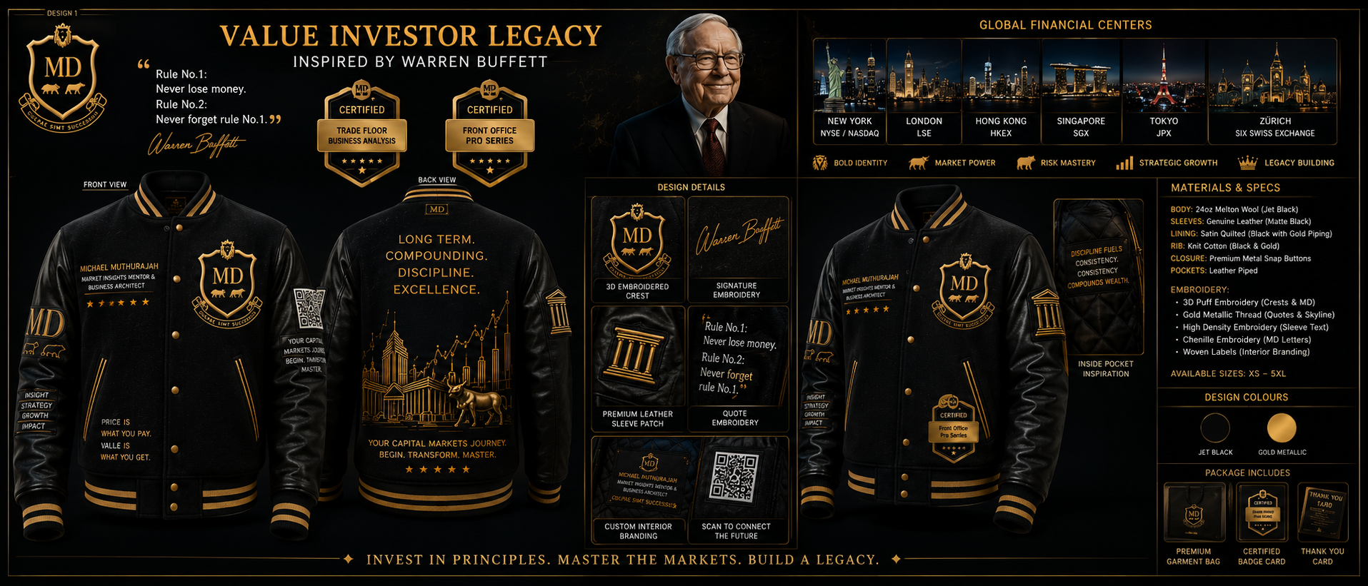 Value Investor Legacy Edition — jet black and gold varsity jacket inspired by Warren Buffett